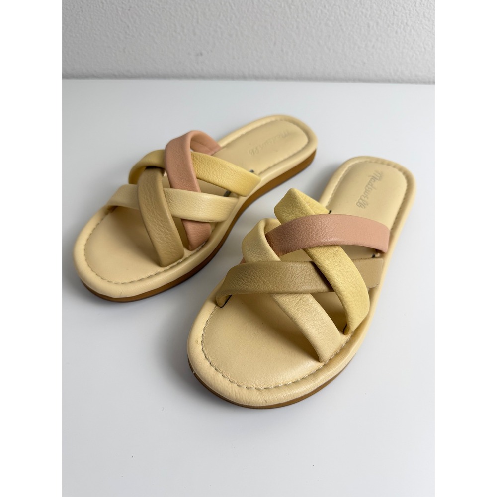 Madewell Women Leather Slide Sandals Leeandra 8.5 Yellow Pink Multi Strap Flat